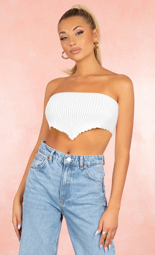 Short Notice White Stretchy Ribbed Triangle V Hem Strapless Lace Up Back Crop Top
