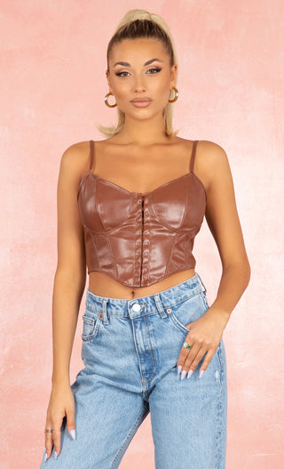 Wait Till You Hear Brown PU Faux Leather Sleeveless Spaghetti Strap Scoop Neck Hook and Eye Bustier Crop Top