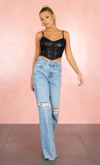 Wait Till You Hear Black PU Faux Leather Sleeveless Spaghetti Strap Scoop Neck Hook and Eye Bustier Crop Top