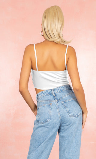 Wait Till You Hear White PU Faux Leather Sleeveless Spaghetti Strap Scoop Neck Hook and Eye Bustier Crop Top