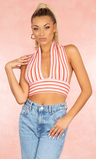 Blast From The Past Pink White Deep V Striped Halter Knit Tie Open Back Backless Sleeveless Crop Top