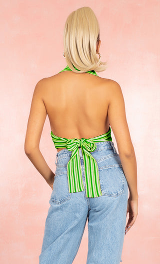 Blast From The Past Green White Deep V Striped Halter Knit Tie Open Back Backless Sleeveless Crop Top