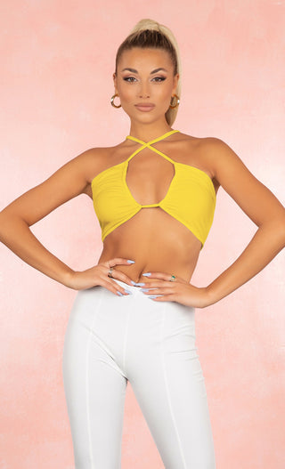 Wild Ways Bralette Neon Pink Spaghetti Strap Open Front Cut Out Keyhole Cross Neck Lace Up Tie Back Crop Top