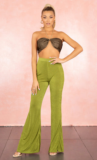 Be My Baby Olive Green Satin Gold Chain Scarf Crop Halter Strapless Bandeau Tube Top