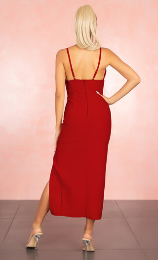 Thinking It Over Red Sleeveless Spaghetti Strap V Neck Wide Waist High Slit Bodycon Bandage Maxi Dress