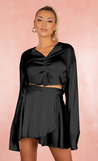 Ethereal Glow Black Satin Two Piece Button Down Crop Top Long Bell Sleeve V Neck Mini Tie Wrap Ruffle Skirt Dress Set