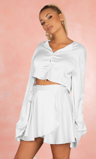 Ethereal Glow Ivory Satin Two Piece Button Down Crop Top Long Bell Sleeve V Neck Mini Tie Wrap Ruffle Skirt Dress Set