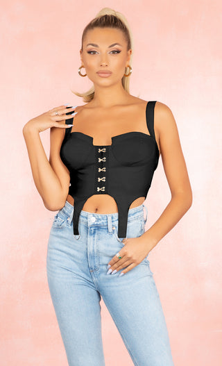 Indie XO | Private Show Black Sleeveless Bustier Sweetheart Neck Garter Hook and Eye Crop Top Blouse, L / Black | Womens