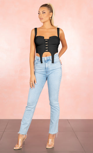 Private Show<br><span> Beige Sleeveless Bustier Sweetheart Neck Garter Hook And Eye Crop Top Blouse</span>