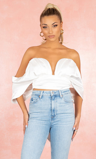 Almost An Angel White Drape Sleeves Strapless Off The Shoulder Plunge V Neck Bow Back Crop Top Blouse
