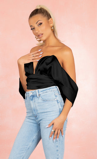 Almost An Angel White Drape Sleeves Strapless Off The Shoulder Plunge V Neck Bow Back Crop Top Blouse