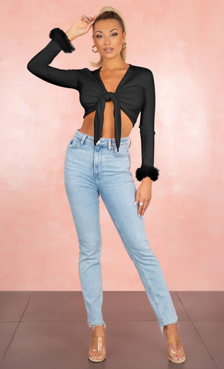 Piece Of Candy Black Long Sleeve Feather Cuff Plunge V Neck Tie Front Crop Top