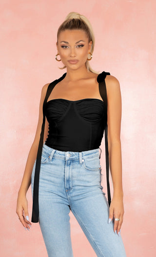 Fall Back Black Sleeveless Bow Tie Sleeveless Spaghetti Strap Sweetheart Neck Bustier Ruched Blouse Top