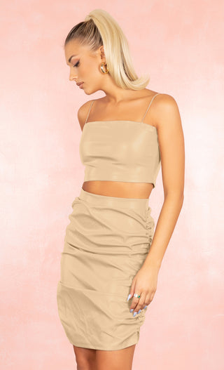 See My Truth PU Beige Faux Leather Sleeveless Spaghetti Strap Crop Top Ruched Bodycon Skirt Two Piece Mini Dress