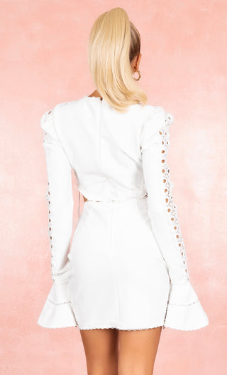 She's A Muse White Bandage Lace Up Puff Shoulder Mock Neck Long Sleeve Cut Out Bodycon Mini Dress