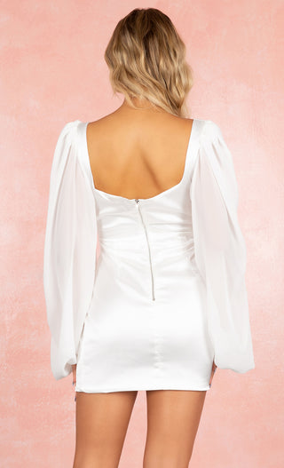 Dinner Plans White Sheer Puff Long Sleeve Satin Sweetheart Neckline Bodycon Mini Dress