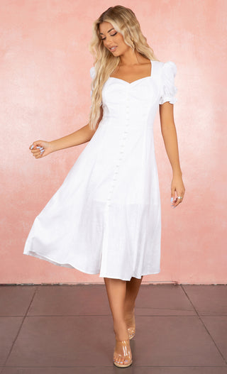 Need Affection White Linen Puff Short Sleeve Sweetheart Neckline Button Detail Slit Midi Dress