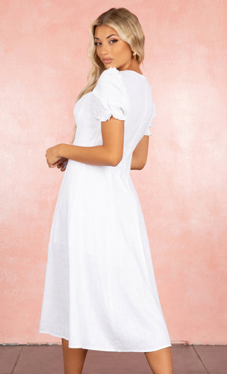 Need Affection White Linen Puff Short Sleeve Sweetheart Neckline Button Detail Slit Midi Dress