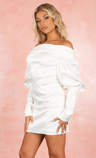 Timeless Love <br><span>White Satin Off the Shoulder Strapless Puff Elongated Long Sleeve Button Bodycon Mini Dress</span>