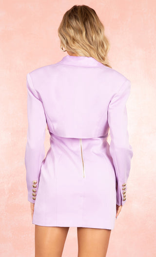 Risk Taker Two Piece Lilac Light Purple Lapel Crop Long Sleeve Jacket Sleeveless Button Mini Dress Set