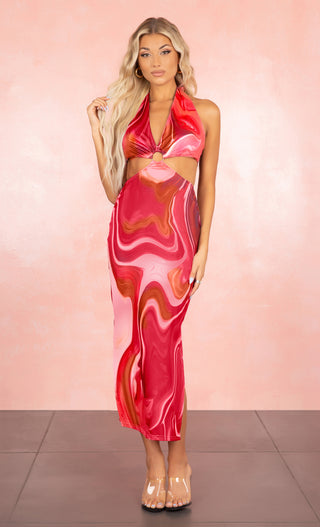 Let's Boogie Swirl Tie Dye Pink Pattern Casual Cut Out Ring V Neck Halter Sleeveless Slit Midi Dress