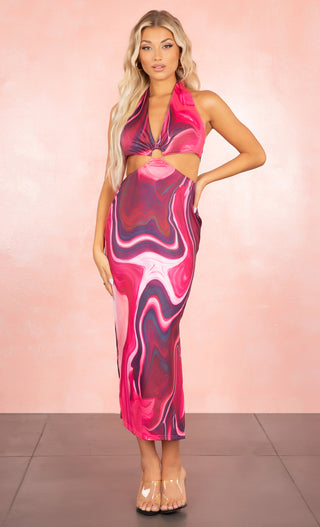 Let's Boogie Swirl Tie Dye Pink Pattern Casual Cut Out Ring V Neck Halter Sleeveless Slit Midi Dress