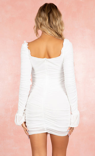 In The Name Of Love White Bustier Padded Cup Mesh Cut Out Sweetheart Neck Flared Long Sleeve Ruched Bodycon Mini Dress