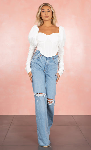 Ready Right Now White Long Sleeve Puffed Shoulder V Neck Zip Front Bustier Crop Top Blouse