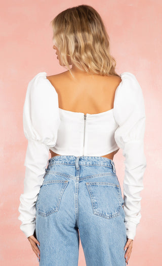 Ready Right Now White Long Sleeve Puffed Shoulder V Neck Zip Front Bustier Crop Top Blouse