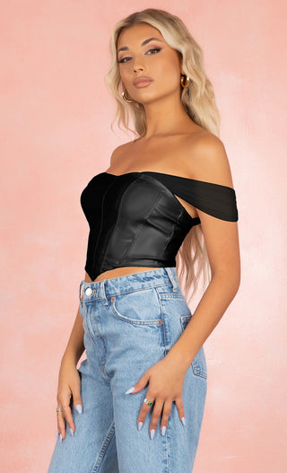 Chic Envy Black Faux Leather Sweetheart Off The Shoulder Mesh Short Sleeve Crop Top