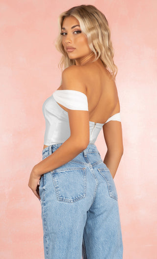 Chic Envy White Faux Leather Sweetheart Off The Shoulder Mesh Short Sleeve Crop Top