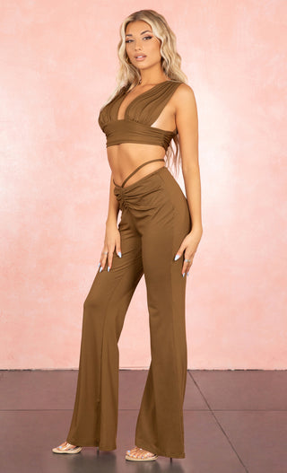 Transform Yourself Black Sleeveless Ruched V Neck Wrap Waist Crop Top Flare Leg Pant Two Piece Jumpsuit