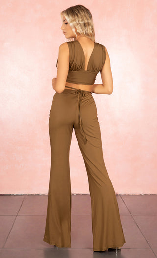 Transform Yourself Army Green Sleeveless Ruched V Neck Wrap Waist Crop Top Flare Leg Pant Two Piece Jumpsuit