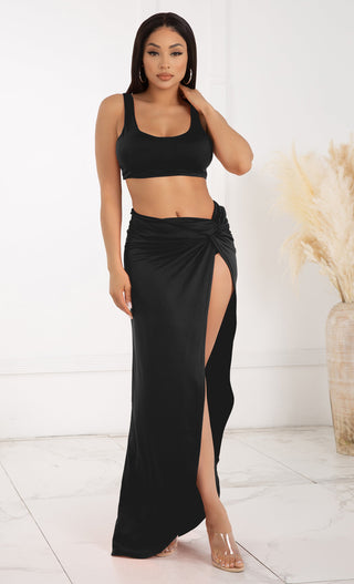 You're The One <span><br>Black Sleeveless Scoop Neck Casual Crop Tank Top Set Slit Maxi High Waisted Asymmetrical Ruched Twist Skirt Two Piece Dress</span>