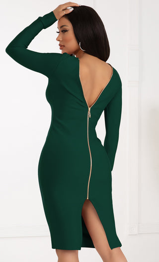 Curves Ahead Green Long Sleeve Plunge Reversable V Zipper Back Bodycon Bandage Midi Dress