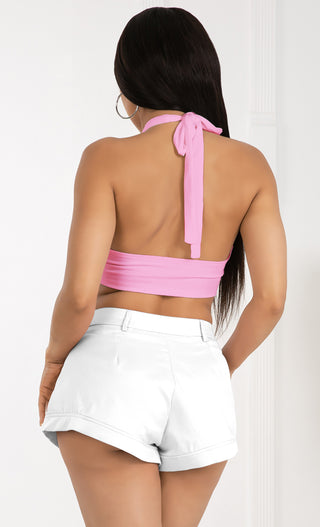 Bad Habits Pink Solid Cross Front Cotton Tie Halter Sleeveless Crop Top