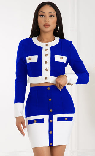 On Top Of Everything <span><br> Blue White Long Sleeve Round Neck Button Crop Top Bandage Bodycon Midi Two Piece Dress</span>