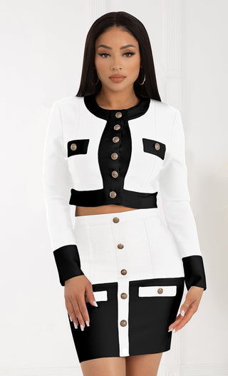 On Top Of Everything <span><br> White Black Long Sleeve Round Neck Button Crop Top Bandage Bodycon Midi Two Piece Dress</span>