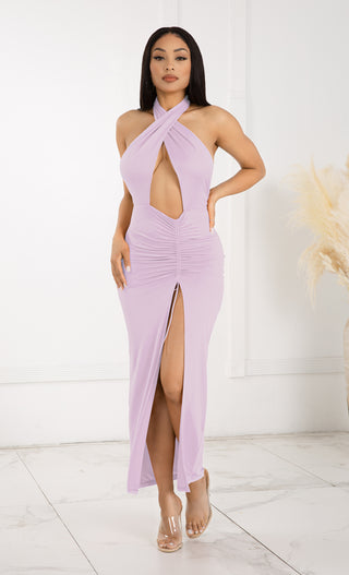 Love Without Hesitation Orange Casual Keyhole Cut Out Cross Twist Halter Neck Sleeveless Ruched Slit Front Maxi Dress