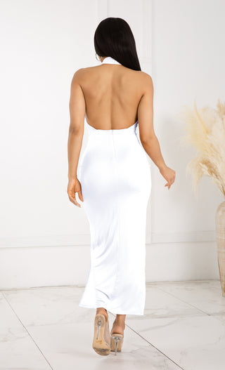 Love Without Hesitation White Casual Keyhole Cut Out Cross Twist Halter Neck Sleeveless Ruched Slit Front Maxi Dress