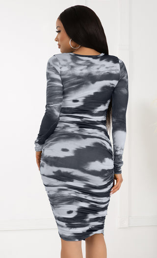 All Together Again Neon Green Tie Dye Pattern Long Sleeve Crew Neck Ruched Bodycon Midi Dress