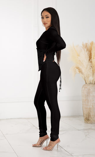 Empower Me Black V Neck Long Sleeve Zipper Front Satin Corset Lace Up Waist Trainer Jumpsuit Catsuit