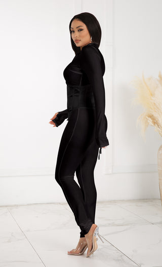 Empower Me Black V Neck Long Sleeve Zipper Front Satin Corset Lace Up Waist Trainer Jumpsuit Catsuit