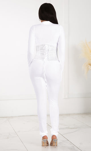 Empower Me White V Neck Long Sleeve Zipper Front Satin Corset Lace Up Waist Trainer Jumpsuit Catsuit