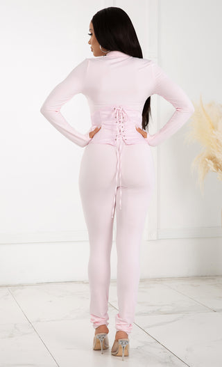 Empower Me Light Pink V Neck Long Sleeve Zipper Front Satin Corset Lace Up Waist Trainer Jumpsuit Catsuit