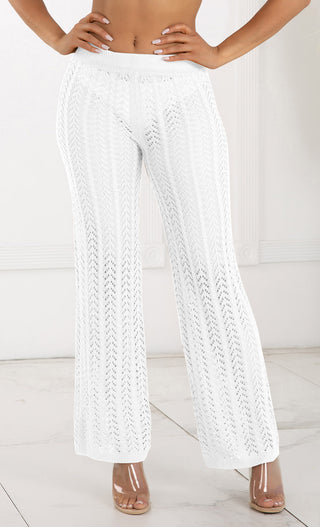 Bohemian Chic <span><br>Beige High Waisted Crochet Knit Drawstring Sheer Flare Pants<br>