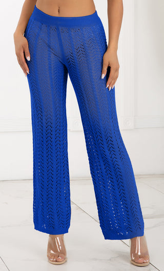 Bohemian Chic <span><br>Royal Blue High Waisted Crochet Knit Drawstring Sheer Flare Pants</span>