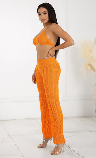 Bohemian Chic <span><br>Orange High Waisted Crochet Knit Drawstring Sheer Flare Pants</span>