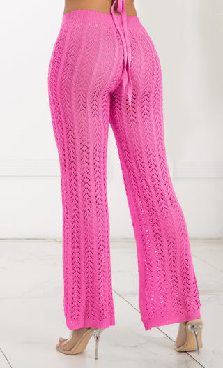 Bohemian Chic <span><br> White High Waisted Crochet Knit Drawstring Sheer Flare Pants</br>