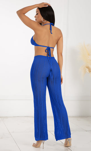 Bohemian Chic <span><br>Sky Blue High Waisted Crochet Knit Drawstring Sheer Flare Pants</span>
